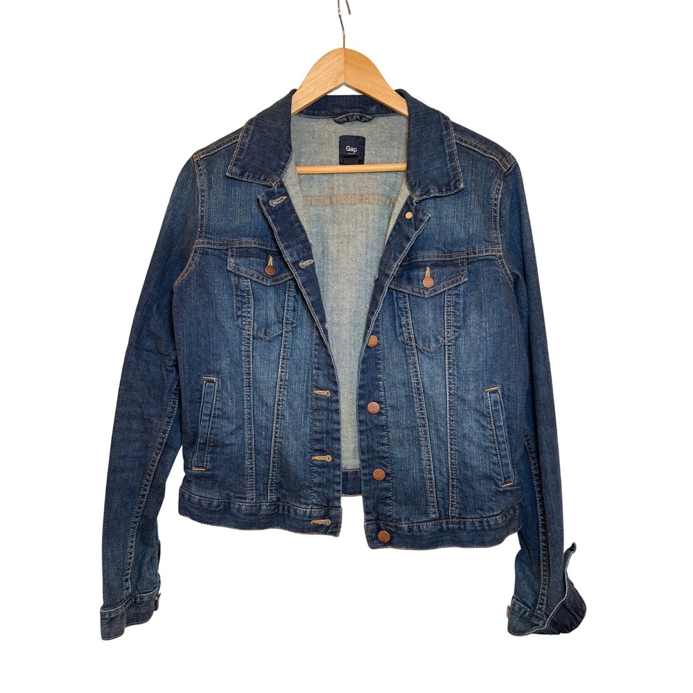 Gap Women Dark Wash Denim Jean Jacket Blue Button Front Made in India Size M
